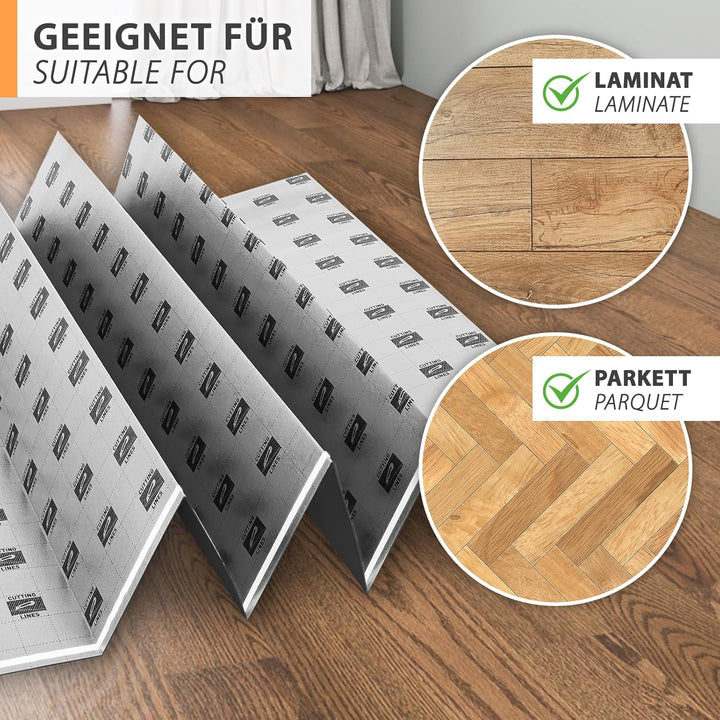 42m² Trittschalldämmung 3mm mit AquaStop, Verlegeunterlage für Parkett & Laminat, Heizfilm-Unterlage