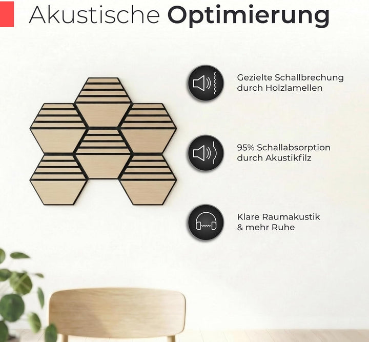 Akustikpaneele Holz selbstklebend – 3er-Set | Echtholz Eiche & Akustikfilz Schwarz | Hexagon 30x26cm