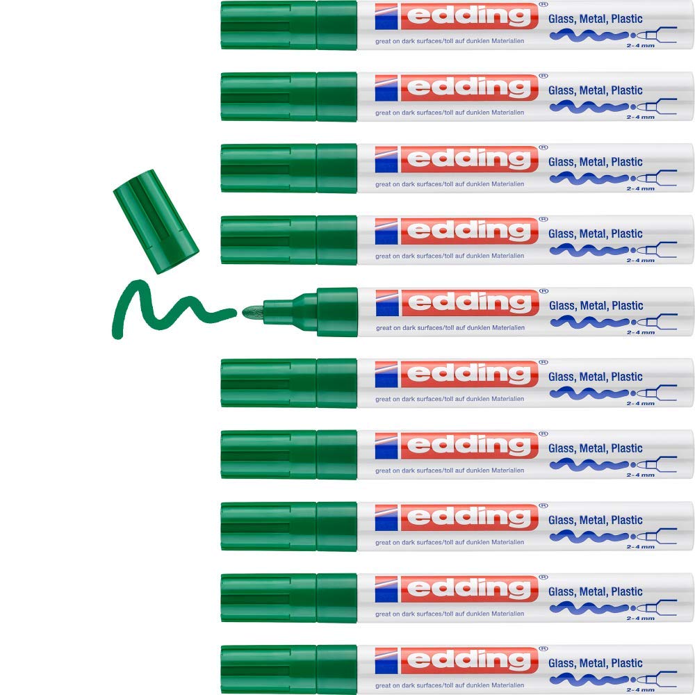edding 750 Glanzlackmarker - grün - 10 Lackmarker - Rundspitze 2-4 mm - Lackstift für Glas, Stein, H