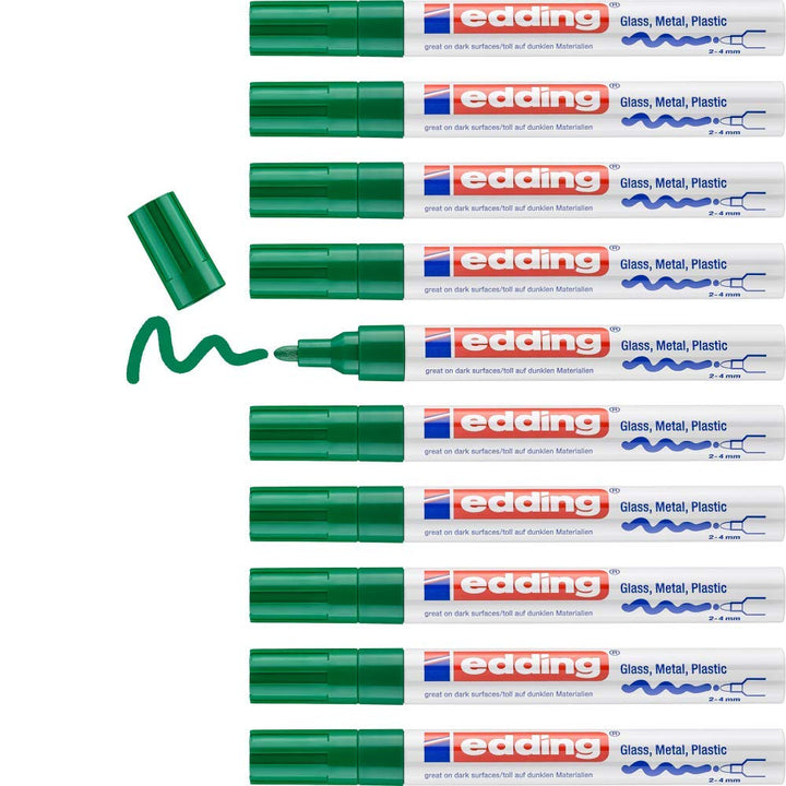 edding 750 Glanzlackmarker - grün - 10 Lackmarker - Rundspitze 2-4 mm - Lackstift für Glas, Stein, H