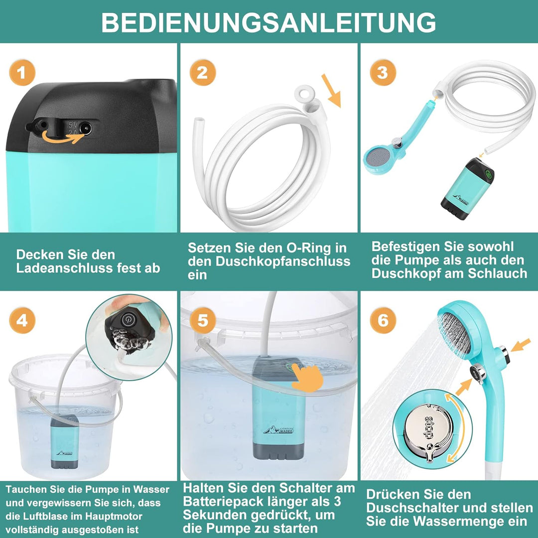 WADEO Tragbare Campingdusche Akku mit Pumpe, Camping Dusche Outdoor mit wiederaufladbarem 4500-mAh-A