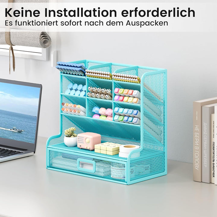 VITVITI Schreibtisch Organizer, 9 Fächer Stiftehalter mit Schublade, Netz Stifte Regal aus Metall, S