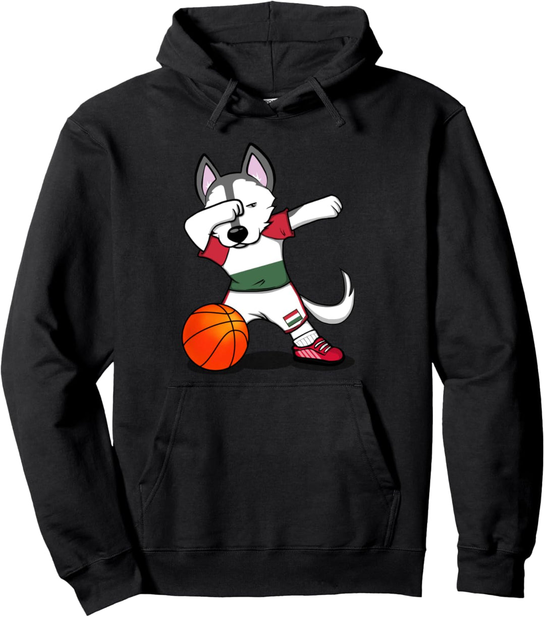 Dabbing Husky Hund Ungarn Basketball Mannschaft Flagge Sport Pullover Hoodie