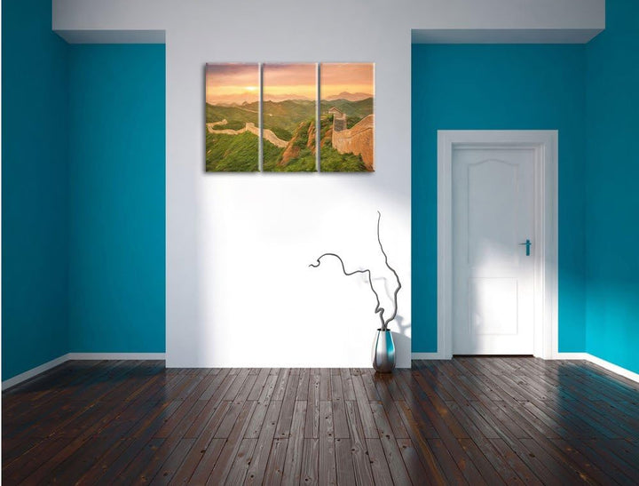 Pixxprint Chinesische Mauer / 3-Teilig/Gesamtmass 120cm Leinwandbild bespannt auf Holzrahmen/Wandbil