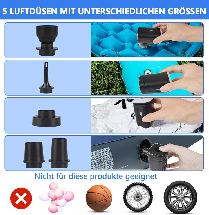 Elektrische Luftpumpe für Luftmatratze, Klein Luftpumpe Luftmatratze Pumpe mit 5 Düsen, Tragbare Ele