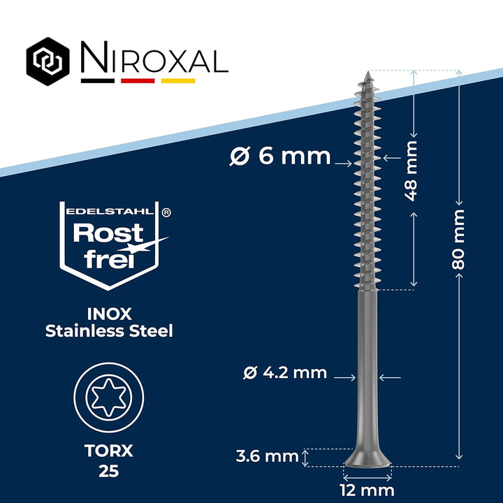 Schrauben Torx Edelstahlschrauben 6x70 Edelstahl V2A rostfrei Spanplattenschrauben für Holz Teilgewi