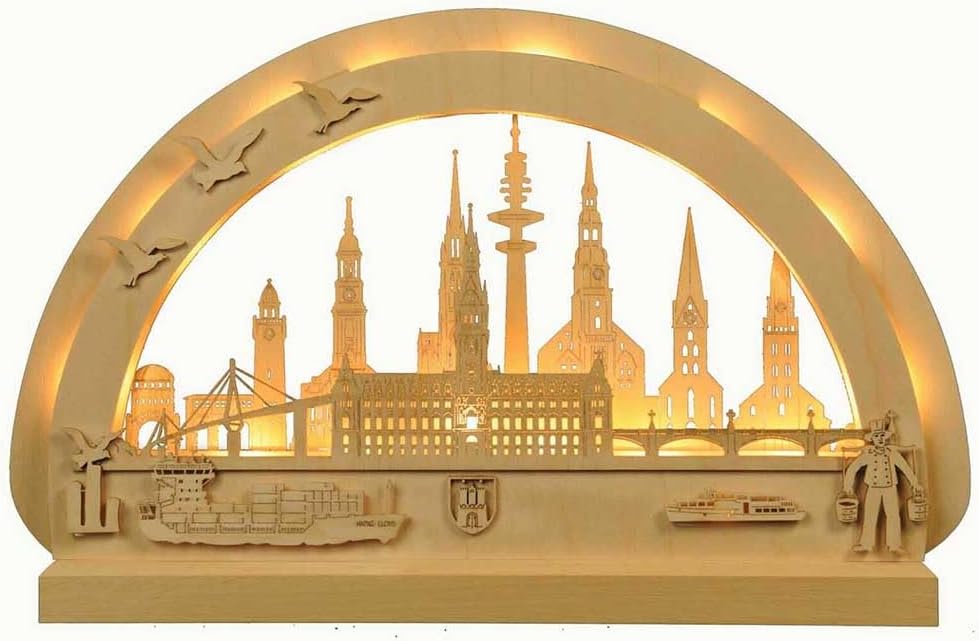 MM Holzkunstgewerbe Schwibbogen Lübeck Original Erzgebirge mit LED Beleuchtung Birkenholz 400x300mm