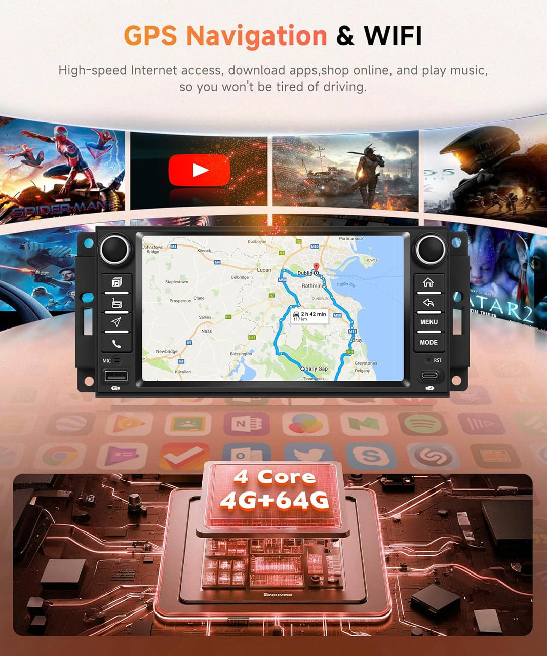 Rimoody 4G+64G Android Autoradio für Jeep Wrangler 2007-2018 Compass Grand Cherokee Commander Wirele