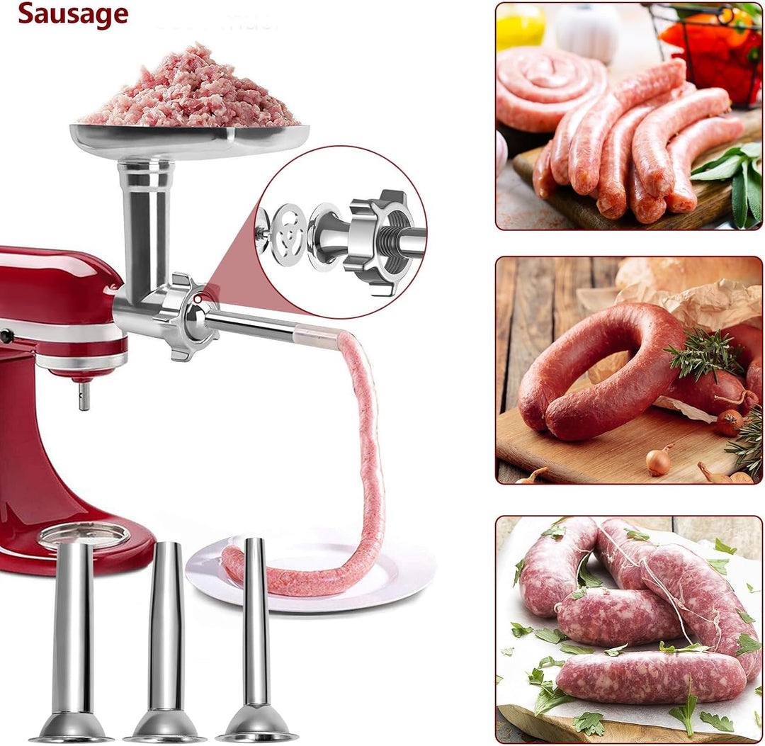 Fleischwolf Aufsatz für KitchenAid Küchenmaschinen, Fleischwolf Zubehör inklusive 3 Wurstfüllrohre,