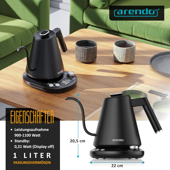 Arendo - Wasserkocher Edelstahl mit Temperatureinstellung - 1100 Watt - 40° bis 100° - Warmhaltefunk