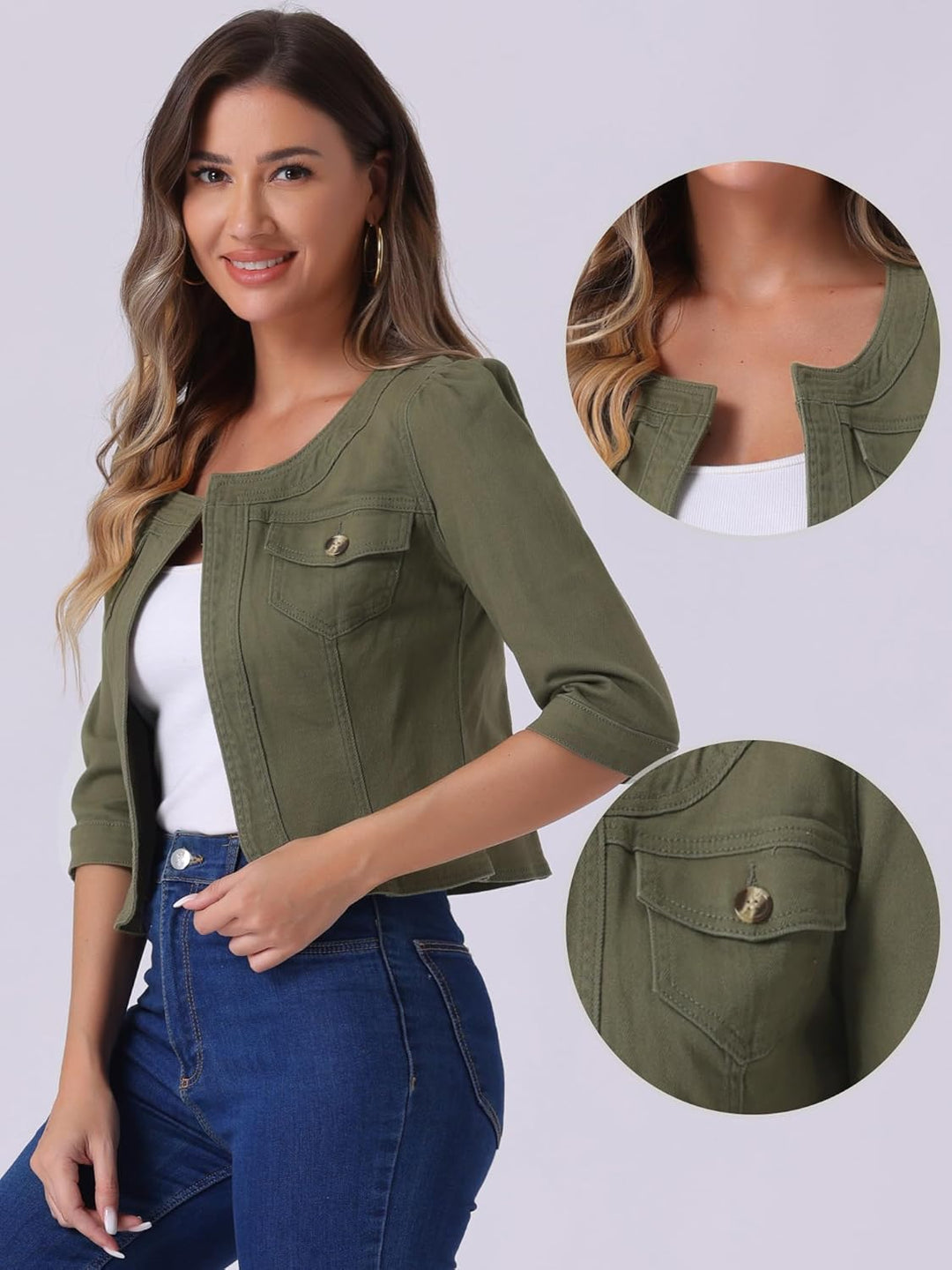 Allegra K Damen Jeansjacke 3/4 Ärmel Open Front Kragenlos Jacke mit Taschen L Armeegrün, L Armeegrün