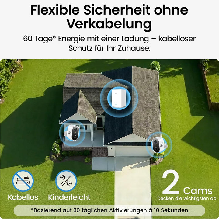aosu 2K Überwachungskamera Aussen Akku 2er-Kit mit Aosubase 2.0 ohne ABO 32GB Lokal Speicher Kabello