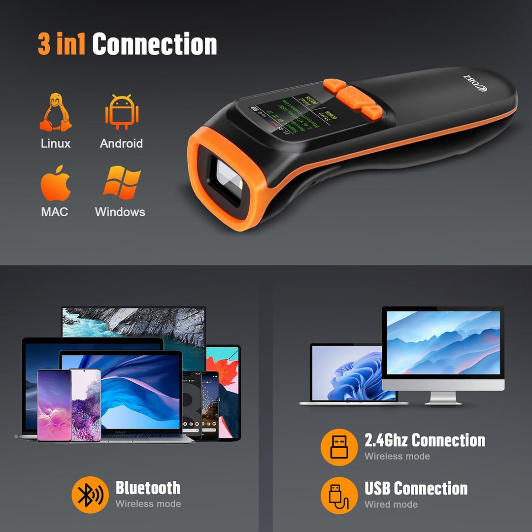 OBZ Barcode Scanner Kabellos mit Display, 1D 2D QR Code Scanner Bluetooth/USB/2.4G Wireless, Tragbar