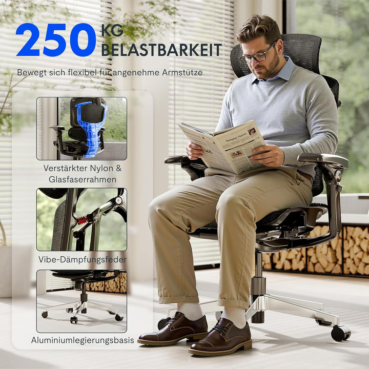 FLEXISPOT ErgoX Pro Ergonomischer Bürostuhl mit 12-stufiger Höhenverstellung, 7D-Armlehnen, 5D-Lende