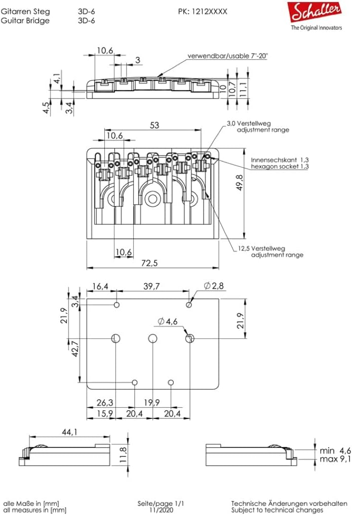 Schaller E-Gitarrensteg 3D-6 Chrom