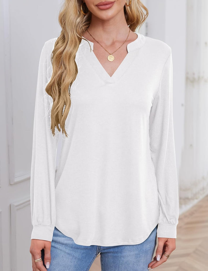 Beluring Langarmshirt Damen Elegant V Ausschnitt Tunika Bluse Einfarbig T-Shirt, S Weiß