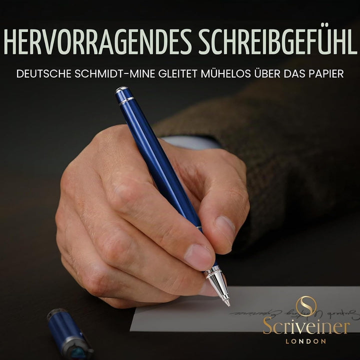 Scriveiner Kugelschreiber Midnight Blue - Hochwertiger Tintenroller mit Chromveredelung, schwarze Sc