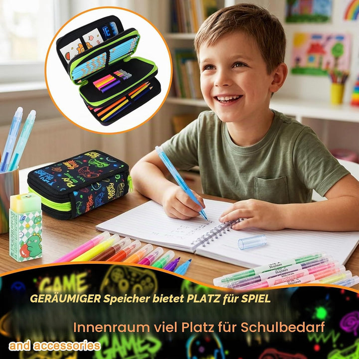 Federmäppchen Jungen 41 Teilig, 3 Fach Gaming Federtasche | Stiften, Textmarker, Radierer, Lineal Se