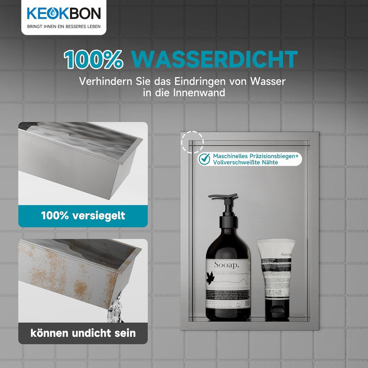 KEOKBON 20x30 x10 cm Nano-Silber Wandnische Dusche Edelstahl Einzelregal Lagerung, Keine Fliesen Erf