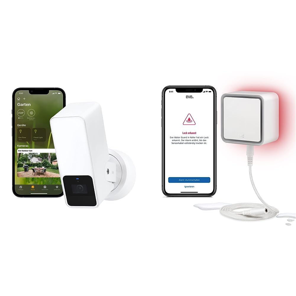 Eve Outdoor Cam (White Edition) – Smarte Überwachungskamera & Water Guard - Smarter Wassermelder, 2m