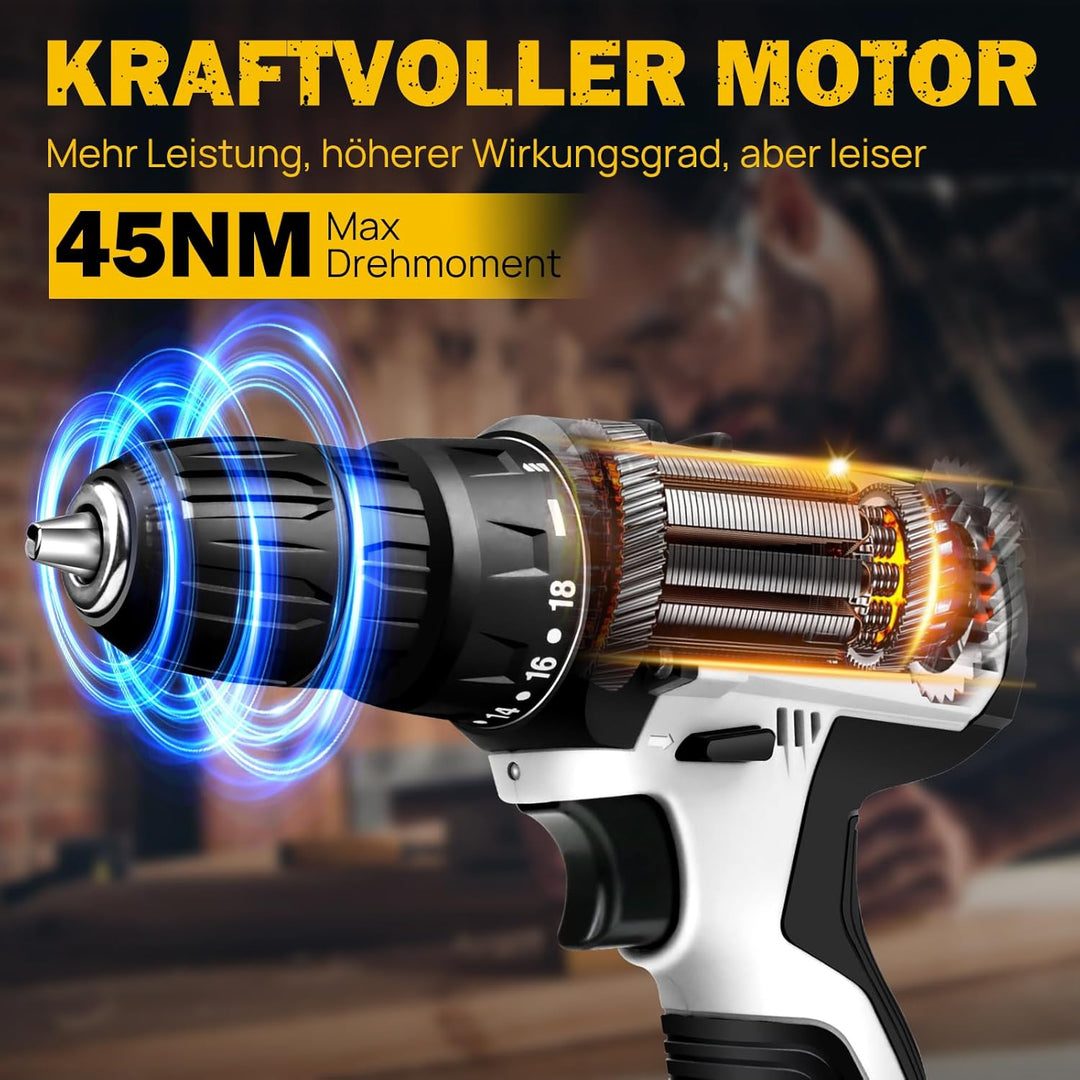 Akku-Bohrschrauber Akkubohrer 16.8V Akkuschrauber Set mit 1,5Ah Akku, LED Licht, 2 Geschwindigkeitss