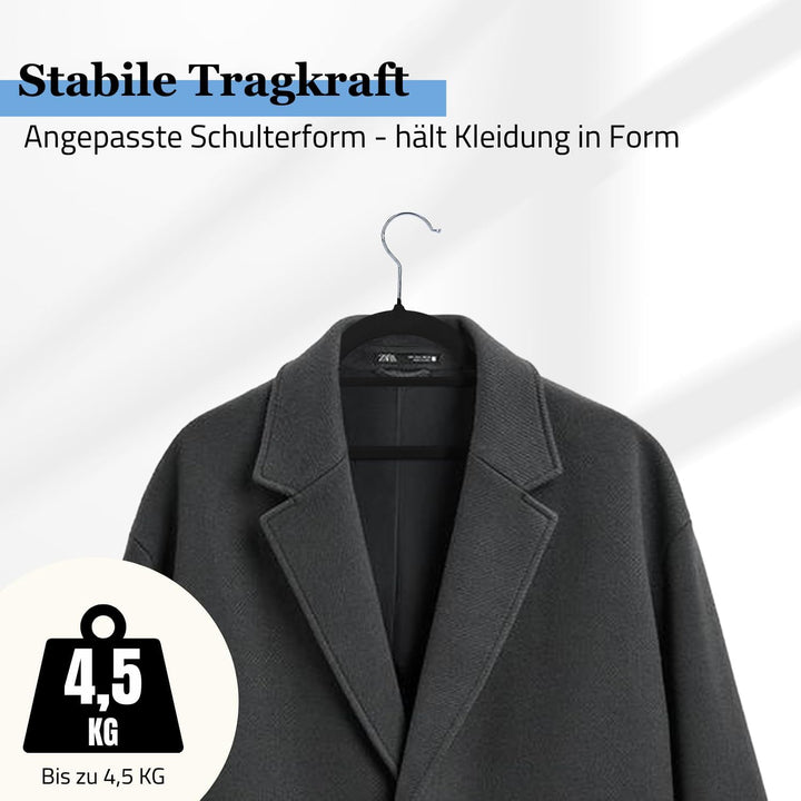 Kleiderbügel Samt 50er Set – Samtbügel schwarz - rutschfest mit Kunststoffkern, Hosensteg, Kerben &