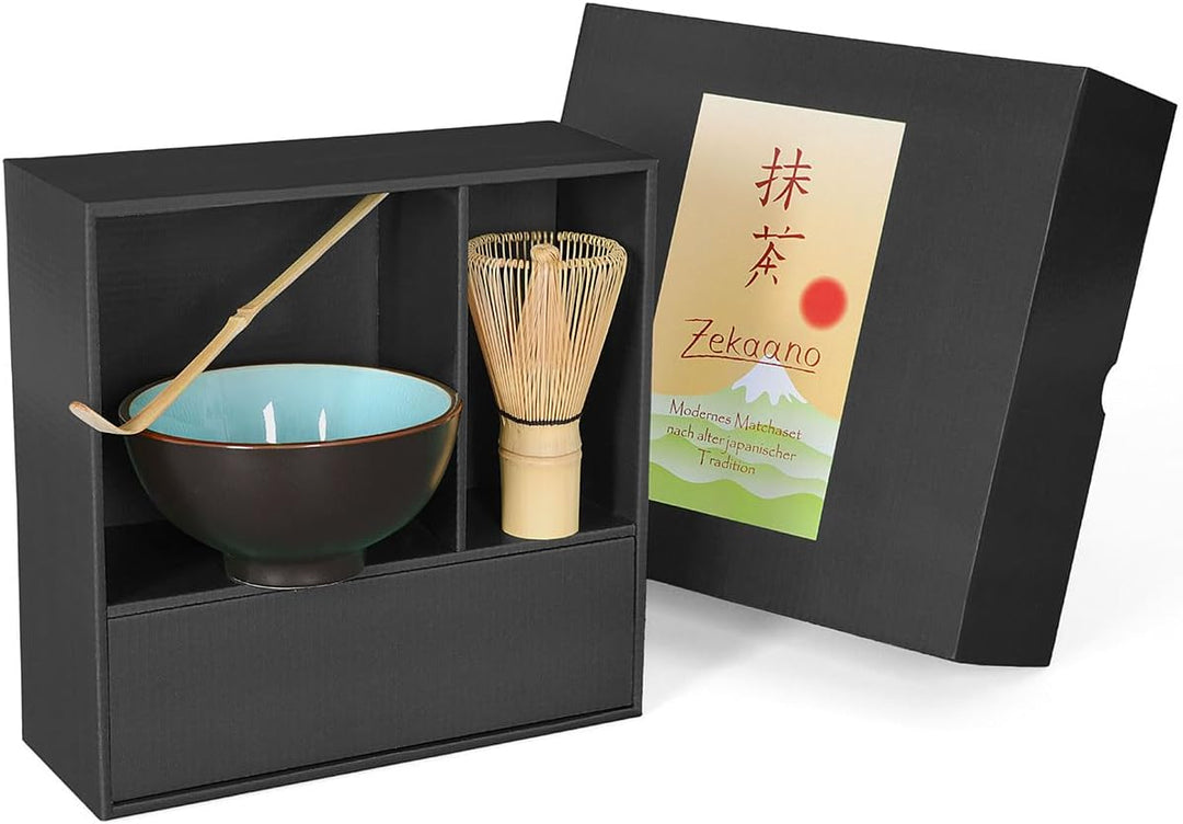 Matcha-Set 3-teilig himmelblau, bestehend aus Matcha-Schale, Matcha-Löffel und Matcha-Besen (Bambus)