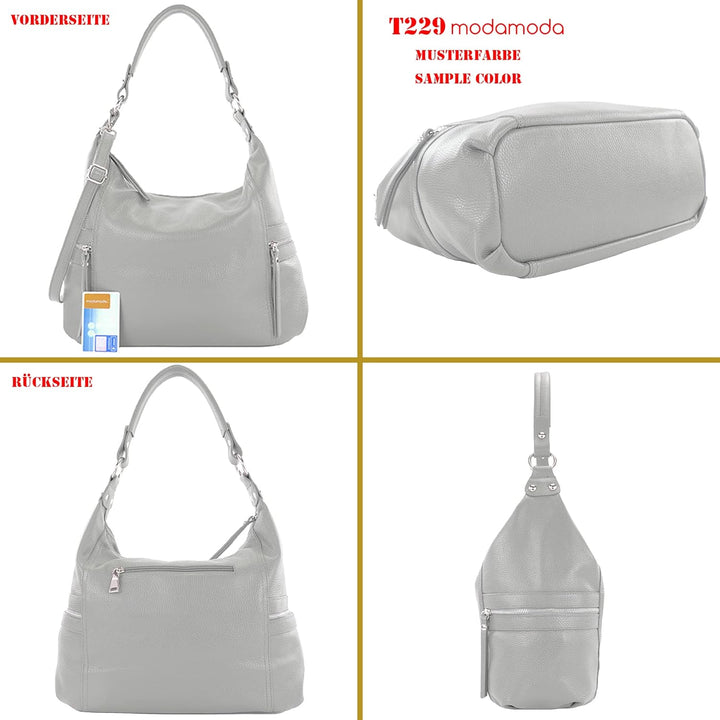 modamoda de - T229 - ital Schultertasche Shopper aus Leder Schokobraun, Schokobraun
