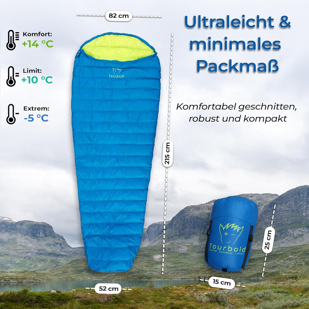 TOURBOLD® TOURBEUTEL – Ultraleichter Daunenschlafsack 550 g Koppelbar | Glow-Zipper Sommer Mumiensch