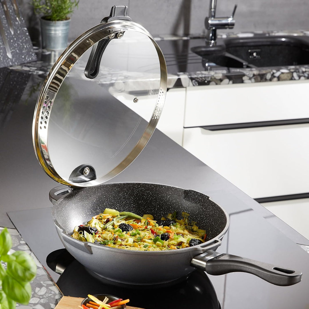 Stoneline Future Wok 32 cm, mit Sieb-Glasdeckel, mit austauschbaren Griffen, induktionsgeeignet, Alu