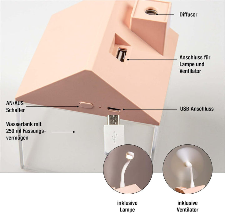 Hellum Luftbefeuchter dekorativ, tragbarin rosa, Diffuser in Form eines Haus 8,4x9,5cm gross, süsser