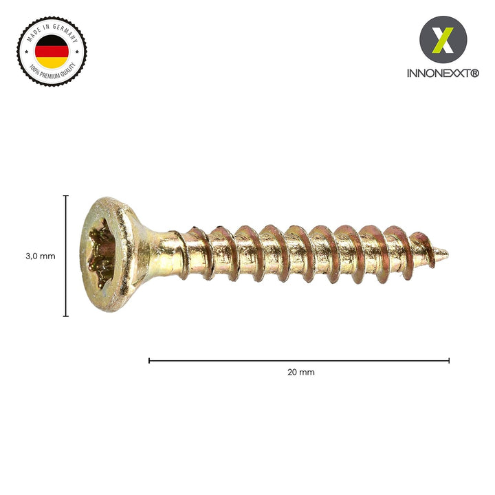 INNONEXXT® Premium Spanplattenschrauben | 3,0 x 20 mm | Fräsrippen | Cut-Spitze | Terrassenschrauben