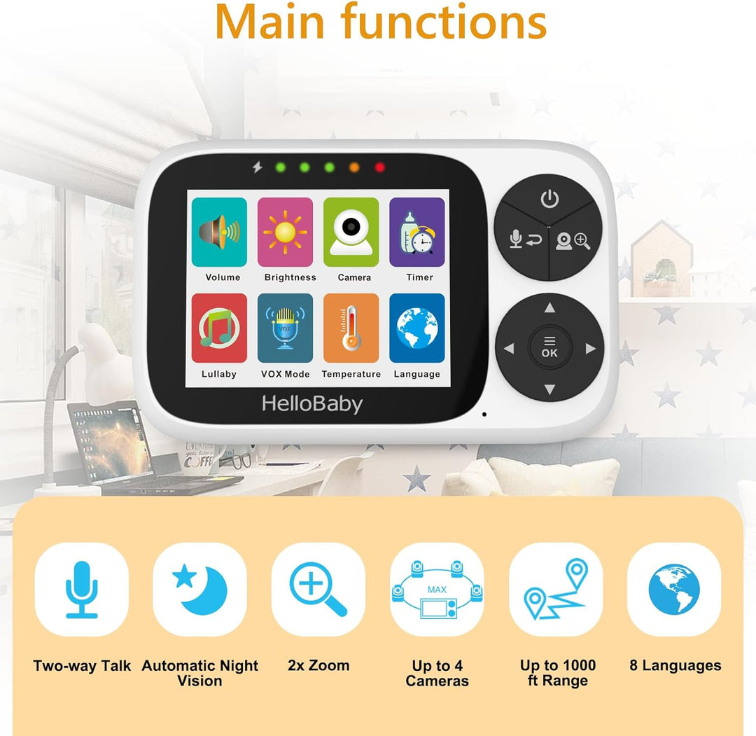 HelloBaby Babyphone mit Kamera, Ohne WLAN, 3,2-Zoll-IPS-Bildschirm, Nachtsicht, Schwenken, Neigen Zo
