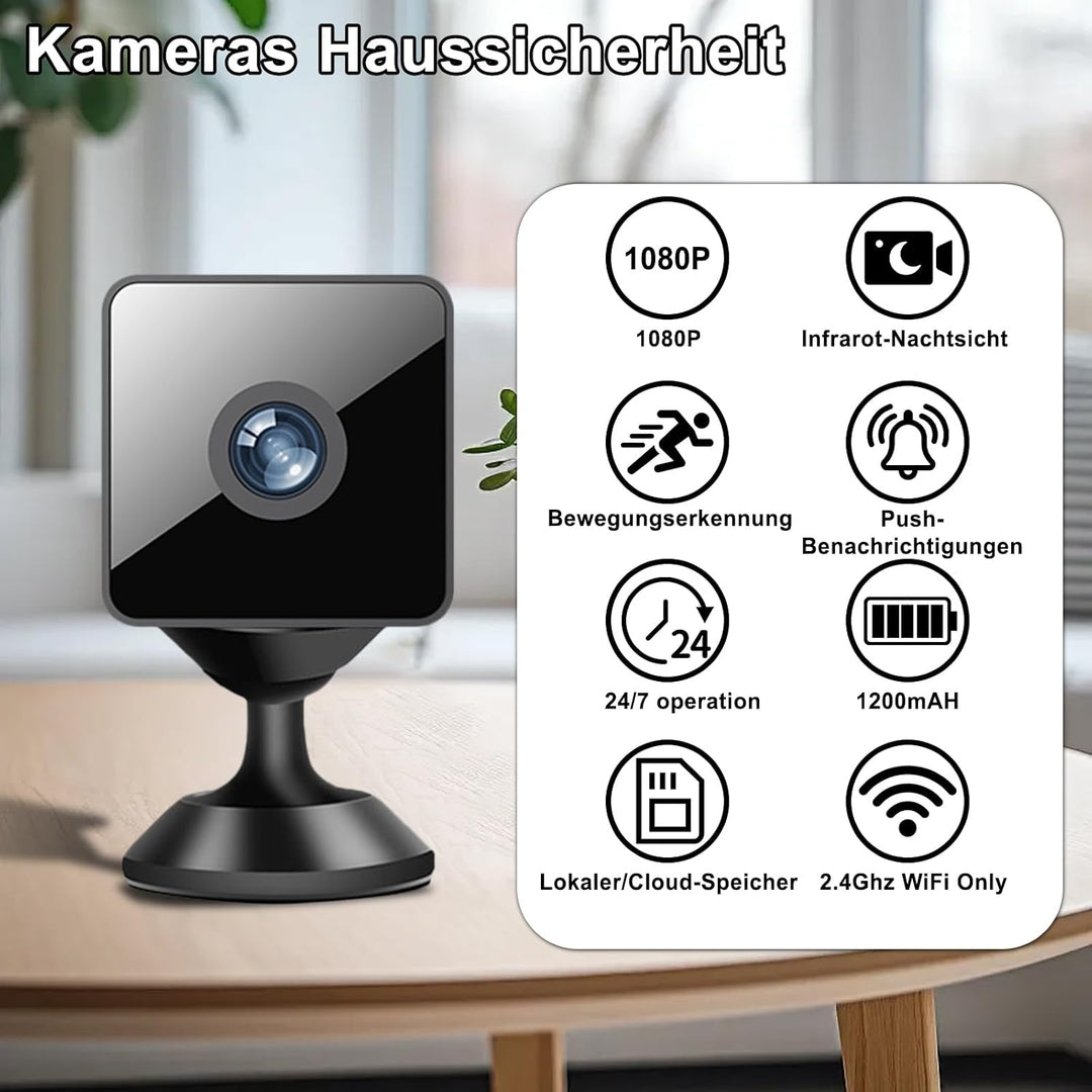Mini Kamera, 2,4/5GHz WLAN-Überwachungskamera Innen, Bewegungsmelder,Nachtsicht SD/Cloud-Speicher/La