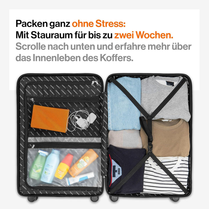 Travely Polycarbonat Koffer Gross 77cm XL - 100L Innenvolumen - 158cm Gurtmass, sehr robuster Hartsc