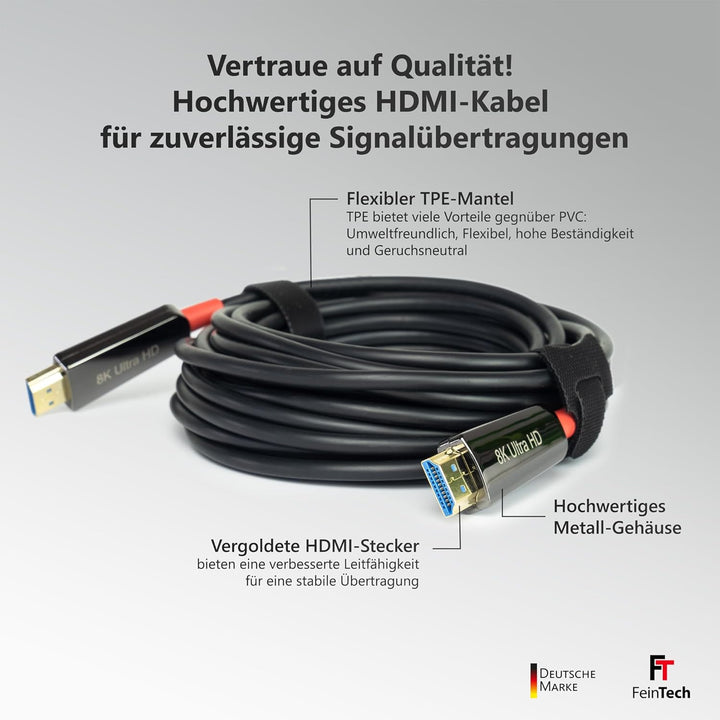 FeinTech 8K HDMI Glasfaserkabel 15m, 4K 120Hz, 1440p 144Hz für HDMI 2.1 Gaming, HDMI Kabel PS5 Xbox