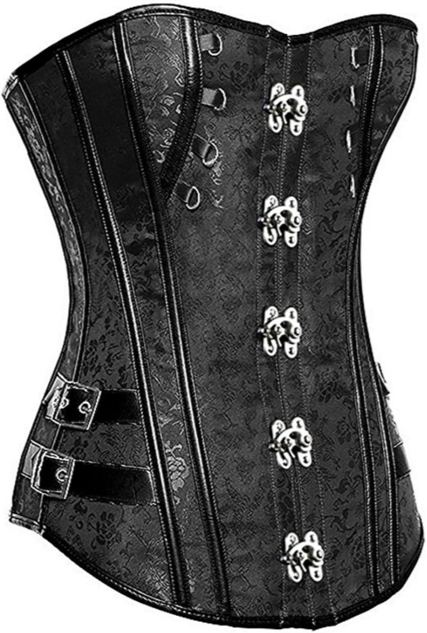 KUOSE Damen Vollbrust Faux Leder Steampunk Corsage Korsett Übergrössen S-6XL S Schwarz-2, S Schwarz-
