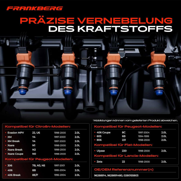 Frankberg 4x Einspritzventil Einspritzdüse Injektor Kompatibel mit Xsara 1998-2000 306 1997-2002 406