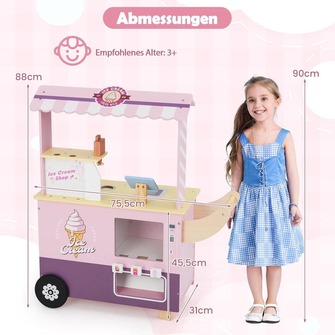 GOPLUS Eiswagen Kinder, Eisstand auf Rädern mit Verkaufsautomat, Eismaschinen-Spielzeug, Präsentatio