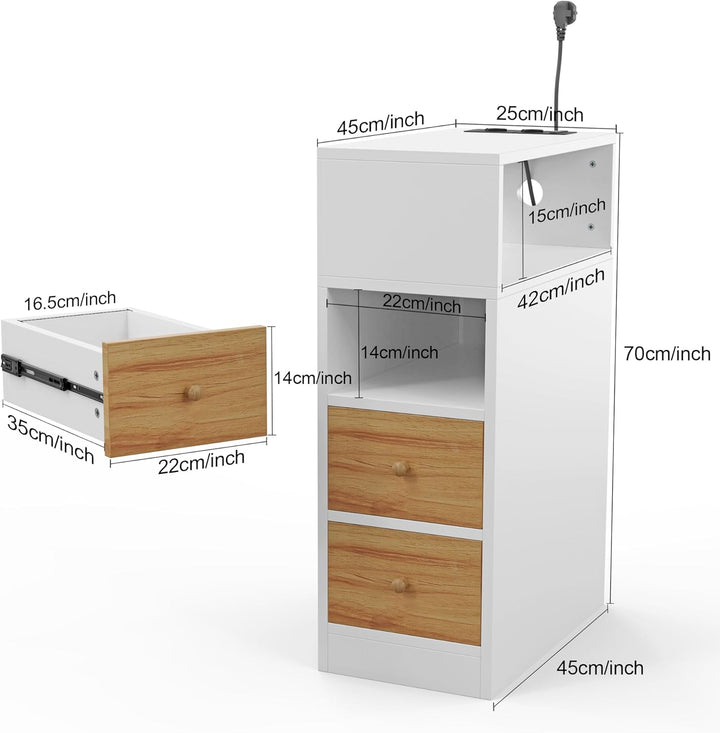 PIPIPOXER 2er Set Nachttisch mit Steckdose & USB, Nachttisch Schmal,Nachttisch Weiss Hochglanz Staur