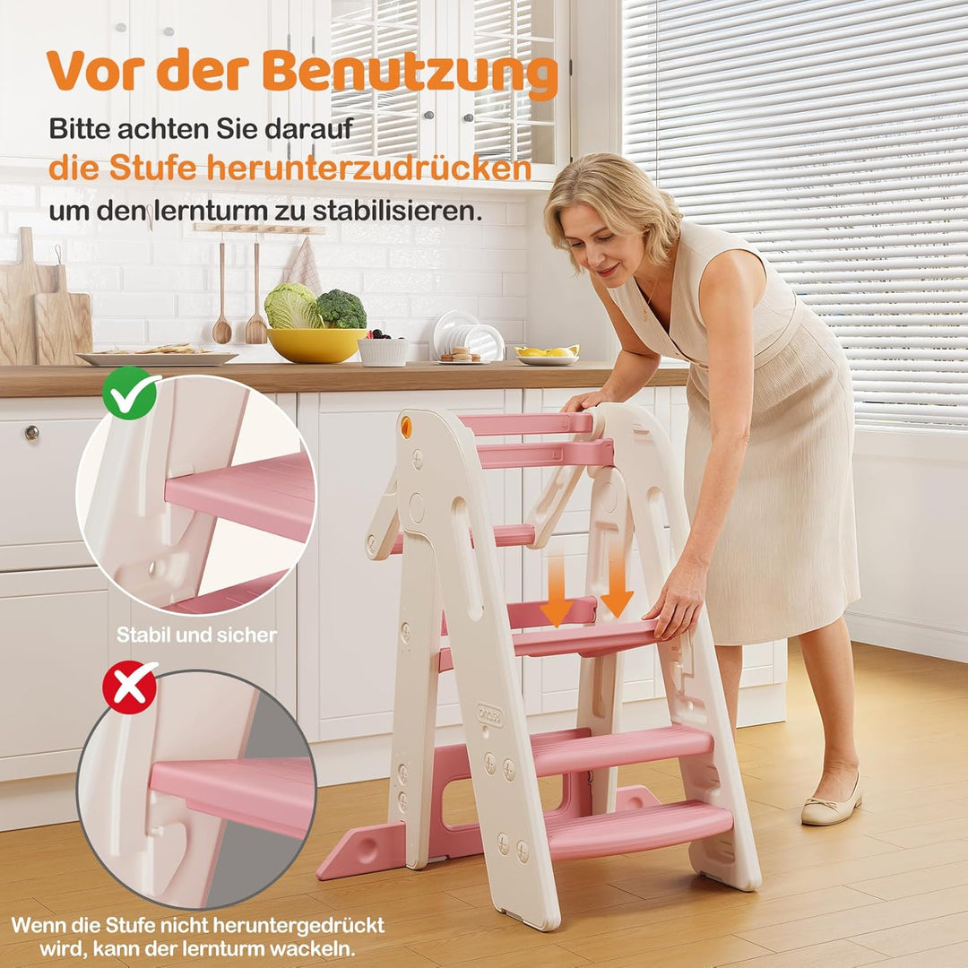 Onasti Lernturm für Kinder mit Sicherheitsgeländer, Lernturm Klappbar, Höhenverstellbar, Learning To