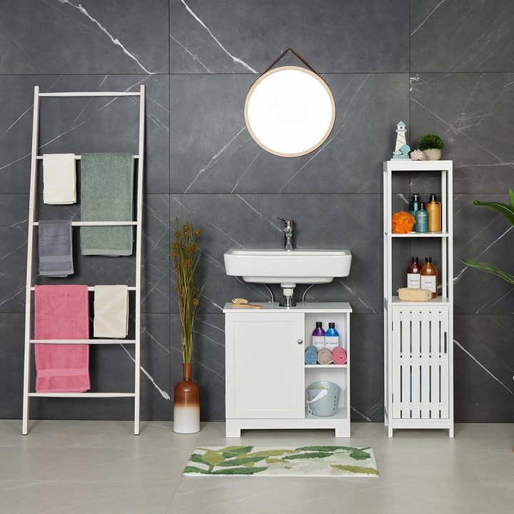 Relaxdays Badezimmerschrank, HxBxT: 129 x 30 x 30 cm, 4 Fächer, MDF, schmaler Badschrank, Badezimmer