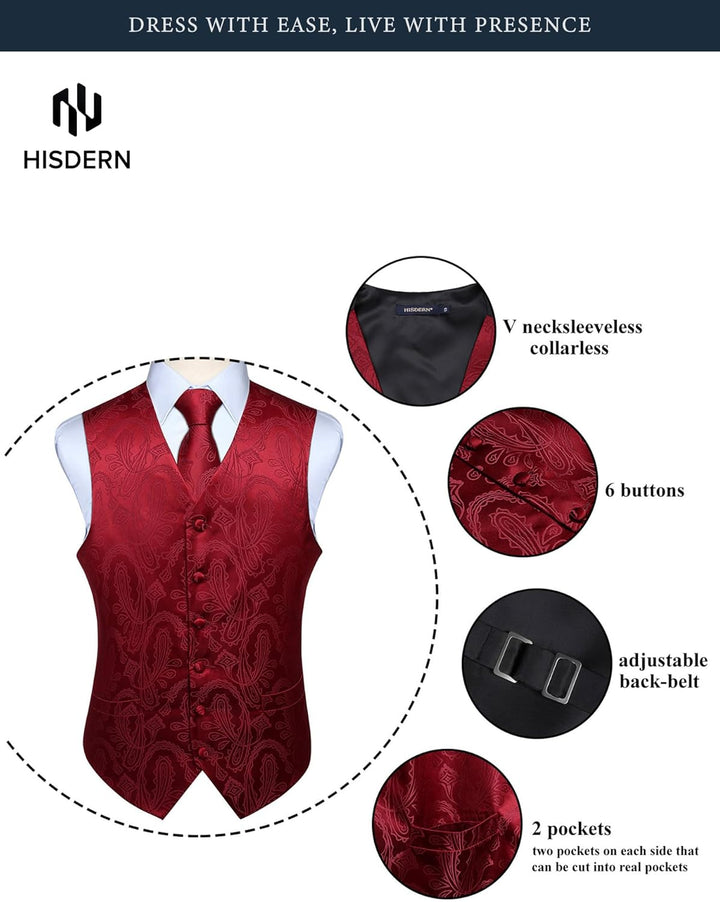 HISDERN Herren FLoral Hochzeit Weste Krawatte Einstecktuch Taschentuch Jacquard Weste Anzug Set M Bu