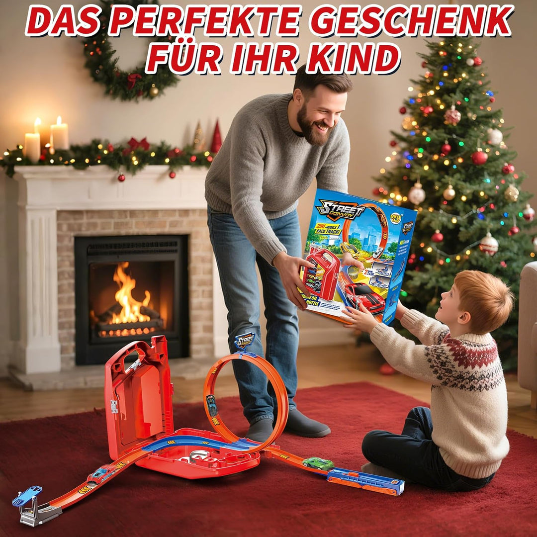 Charmofun Autorennbahn für Kinder, Rennstrecke Auto Spielzeug mit 6 Autos, Aufbewahrungsbox, Auto Re