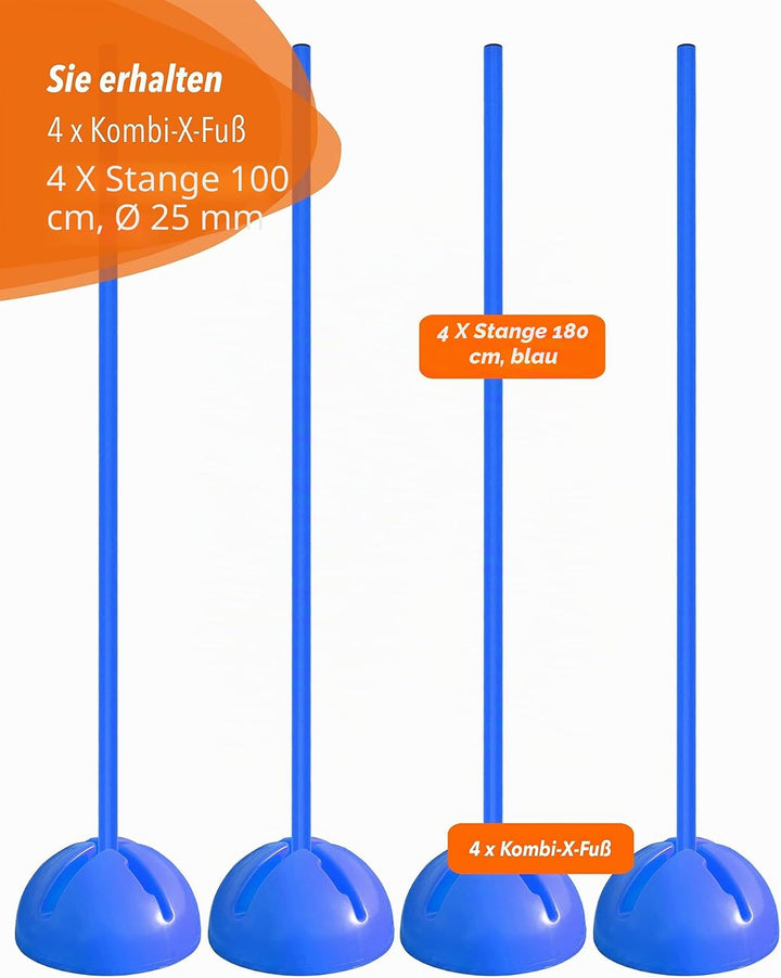 Kombi-X-Standfuss aus Kunststoff &amp; Slalomstange 100 cm – 4er Set – befüllbarer Standfuss – Stange fü
