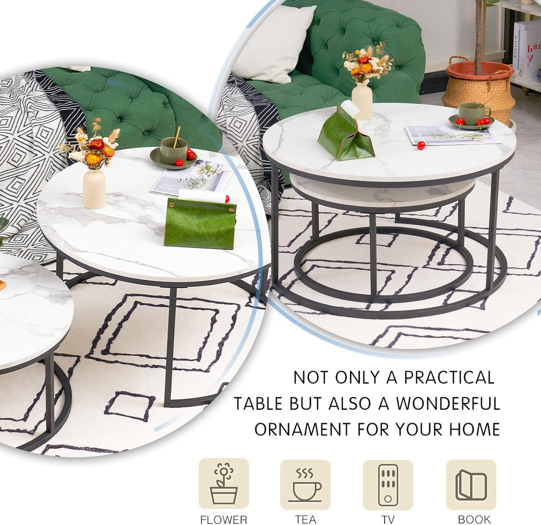 Soayone Couchtisch Rund 2er Set, Weiss Marmor Couchtisch mit Schwarz Metallgestell, Beistelltisch Ru