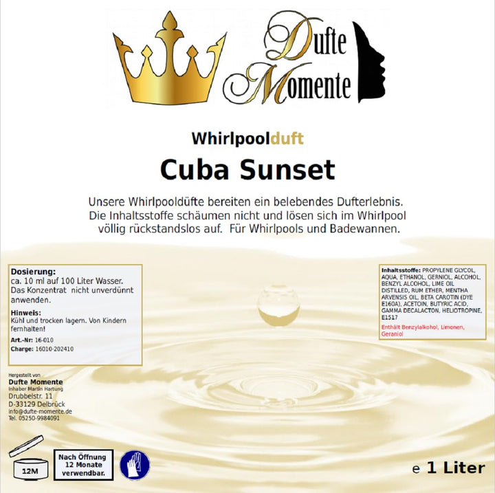 Dufte Momente | Whirlpool Duft 1 Liter | Cuba Sunset (Geranium, Mojito, Rum) | mit naturreinen und n