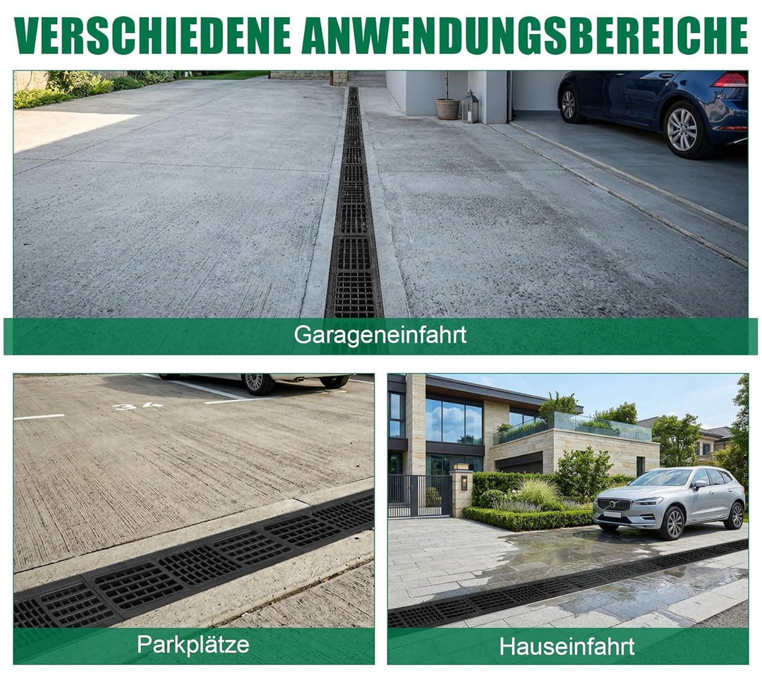 3m Entwässerungsrinne mit B125 HDPE-Abdeckrost - 1000 x 155 x 140 mm - Bodenrinne Ablaufrinne für Ga
