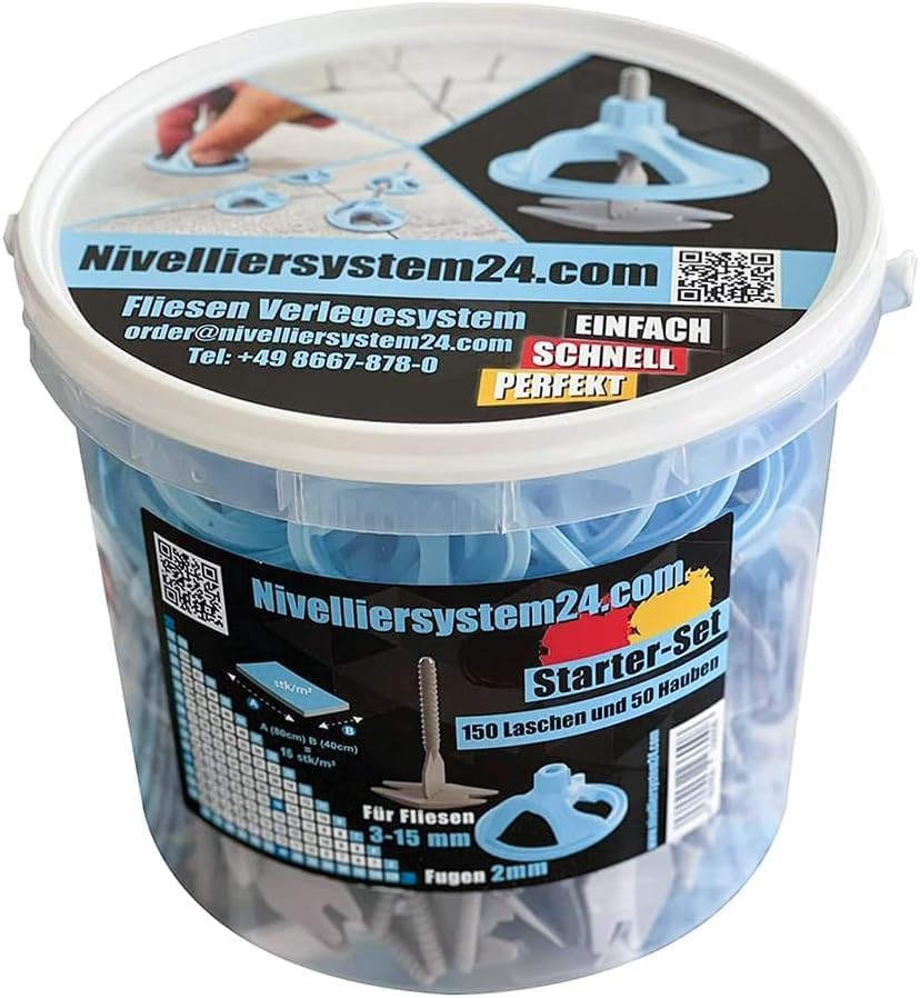 Nivelliersystem24® Fliesen Nivelliersystem 2mm | 50 Eimer | 7500 Basis Laschen + 2500 Zughauben | Fü