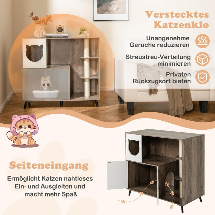 COSTWAY Katzenklo Schrank mit Kratzbaum, Katzenschrank für Katzentoilette mit Katzenhaus, Eingang, 2